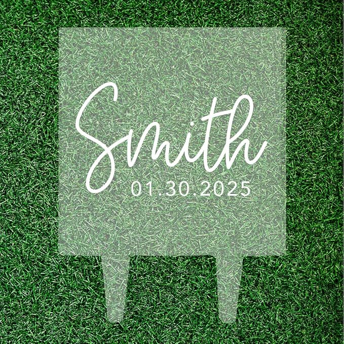 Andaz Press Modern Script Last Name With Date Custom Wedding Cake Topper, Acrylic Square Personalized Couple Cake Topper