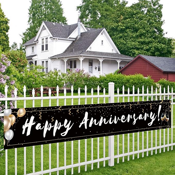 Romantic Happy Anniversary Decorations Banner - Black 118"x20" Bilingual "Feliz Aniversario" Sign, Extra Large Reusable Wedding Party Decor for Indoor Outdoor
