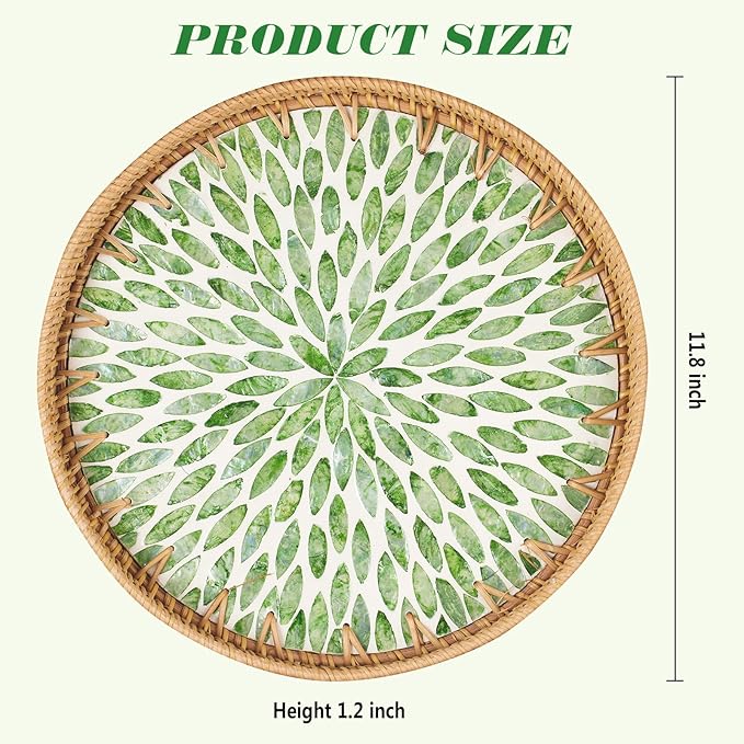 Round Rattan Serving Tray - Natural Handmade Woven Basket Trays with Mother of Pearl Inlay with Wooden Base Decorative Wicker Basket for Table Decor, Home Storage Display of Bread, Coffee, Fruit