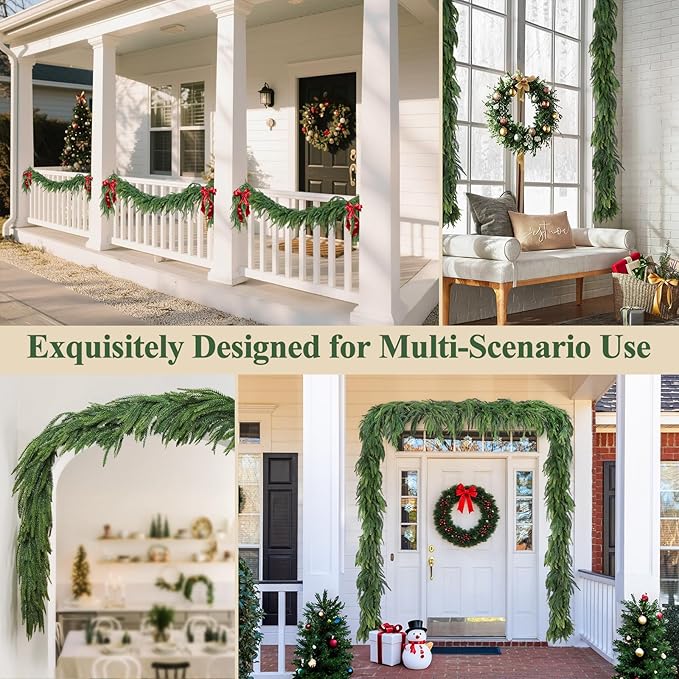 12FT(2*6FT) Real Touch Norfolk Pine Garlands, Realistic Christmas Garland Fire Resistant, Winter Artificial Green Garlands for Mantle, Stairs, Fireplace, Indoor Outdoor Christmas Decorations