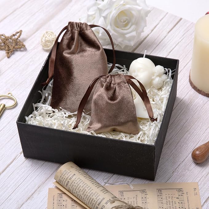 QIANF 12pcs Brown Velvet Drawstring Bags 4x6 inches Glossy Small Velvet Cloth Gift Bags Jewelry Pouches for Storage Wedding Party Favor Christmas