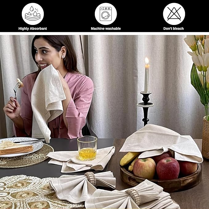 Homidate Linen Flax Cotton Cloth Dinner Napkins Set of 12 – 20x20 Natural Hemstitched Fabric – Machine Washable Elegant Reusable Table Napkins for Weddings, Parties & Dining Décor