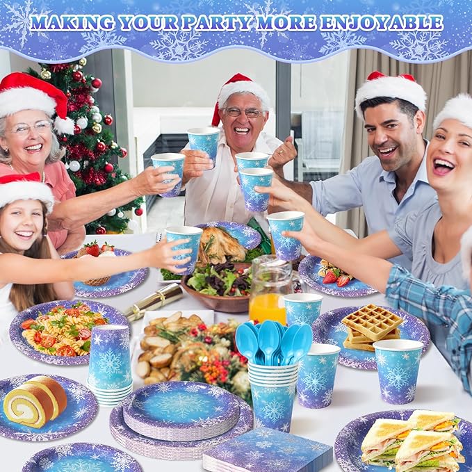 Frozen Birthday Party Decorations - Serve 24, Snowflake Party Supplies, Winter Wonderland Disposable Tableware Include Plates, Napkins, Cups, Forks, Knives, Spoons for Christmas