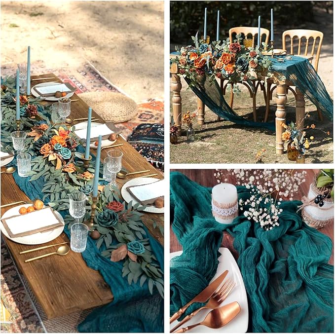 RestfulGlow12 Pack Teal Cheesecloth Table Runner 10FT Boho Gauze Fabric Table Runner 35 x 120 Inch Rustic Sheer Runner for Centerpiece Wedding Decor Baby Shower Party Boho Table Decoration(Teal)
