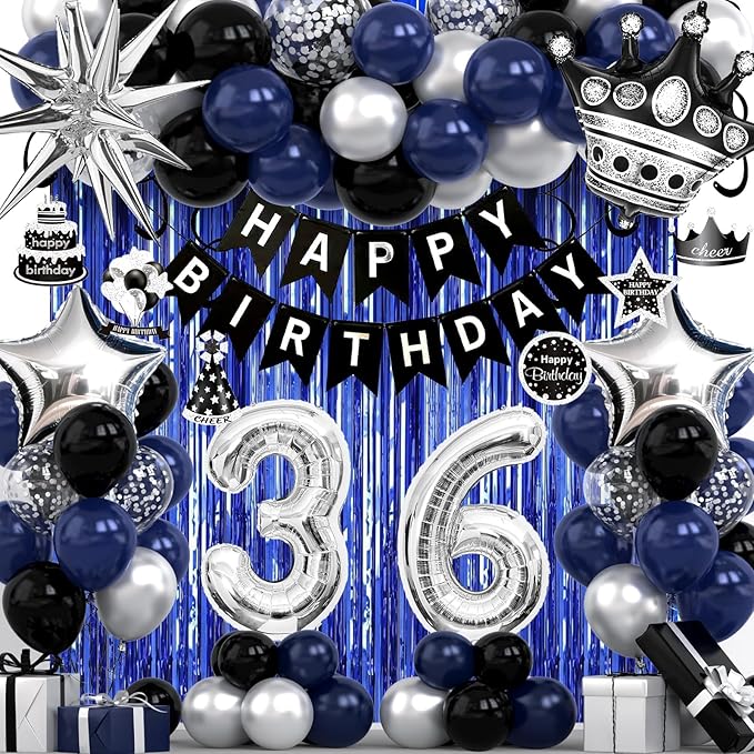 36th Birthday Decorations for Men and Women, Black Blue Silver Happy Birthday Number 36 Balloons, Banner, Fringe Curtains Garland Kit - 36 Year Old Party Supplies