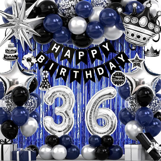 36th Birthday Decorations for Men and Women, Black Blue Silver Happy Birthday Number 36 Balloons, Banner, Fringe Curtains Garland Kit - 36 Year Old Party Supplies