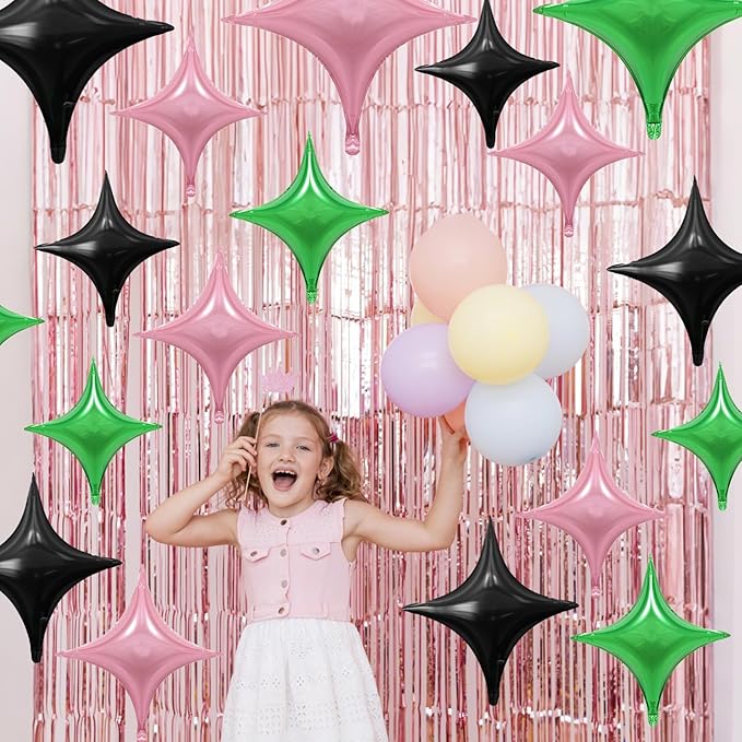 Black Pink Green Balloons,12Pcs Four Angle Star Foil Balloons,26Inch and 10Inch Black Green Pink Quadrangle Star Helium Balloon for Witch Halloween Birthday Anniversary Party Decorations