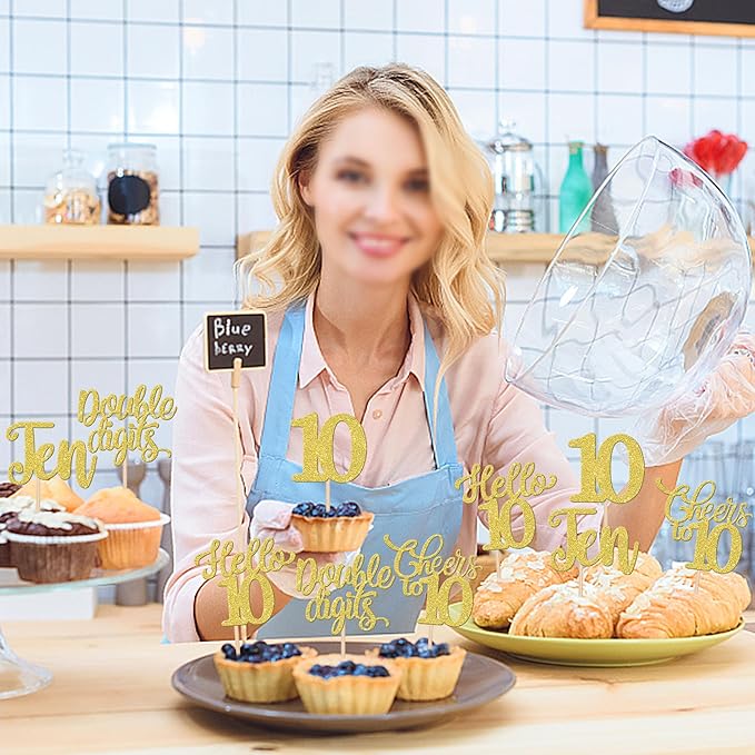 30PCS Happy 10th Birthday Cupcake Toppers Glitter Ten Double Digits Hello 10 Cupcake Picks Cheers to 10 Birthday Decorations for 10th Birthday Anniversary Party Cake Decorations Supplier Gold