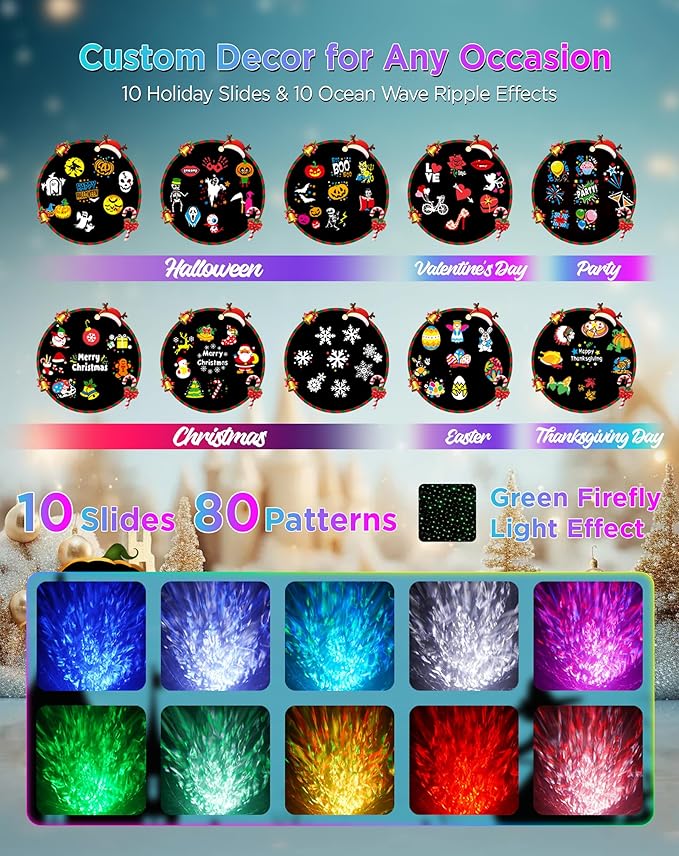 Christmas Projector Lights Outdoor Waterproof, 10 Slides x 8 Bright HD Patterns, Firefly & Ocean Wave Effects, Timer Snowflake Light Projector for House Yard Xmas New Year Valentine’s Thanksgiving