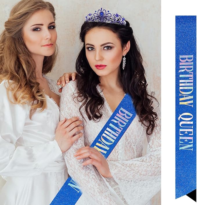 Velscrun Happy Birthday Queen Blue Silver Tiara Crowns for Women, Sash, Party Favors Supplies Gift for Her, 50th Party Decorations, Stuff Accessories