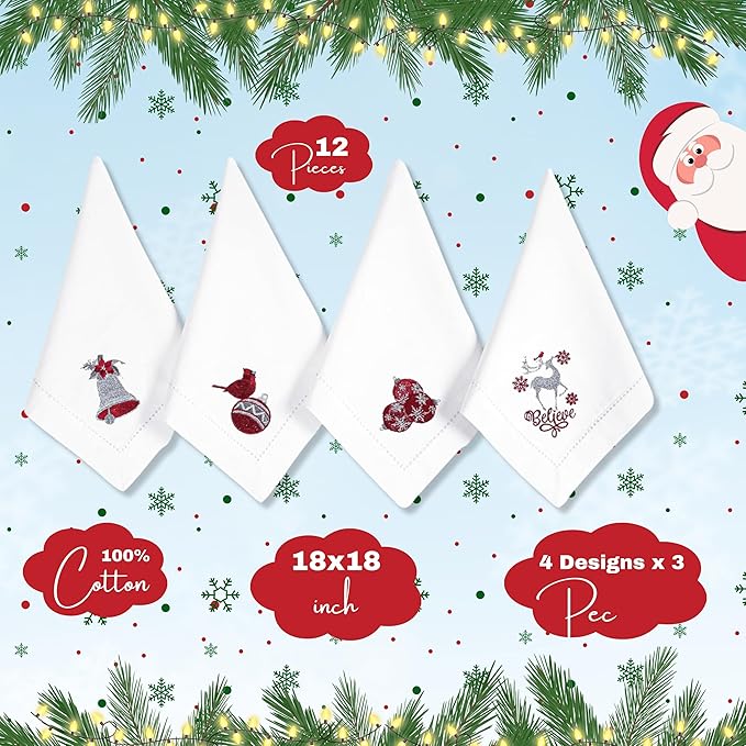 Homidate Cloth Dinner Napkins Set of 12 – 18x18 100% Cotton Silver with Red Embroidery – Machine Washable Reusable Napkins for Weddings, Parties, Dining & Holiday Events