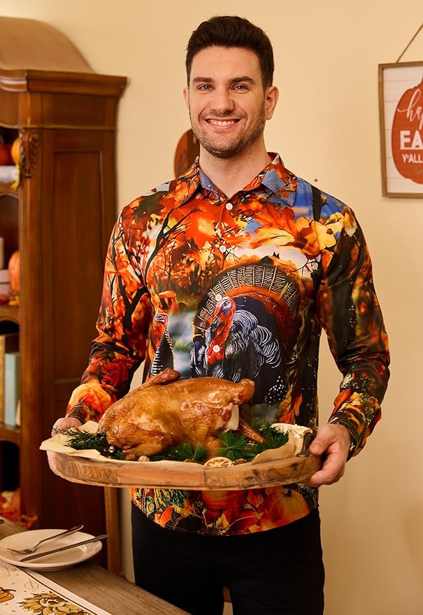 Arvilhill Men's Thanksgiving Long Sleeve Shirt Turkey Pattern Button Down Shirts Family Gathering Fall Festival Wear (S-3XL)