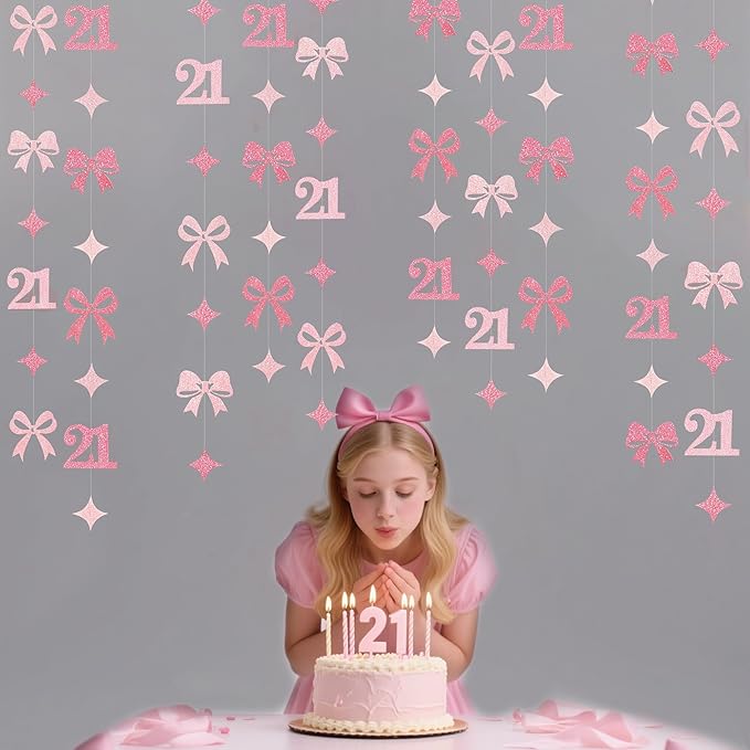 Glitter Pink 21st Bow Birthday Decorations Hot Pink Conquette Bow Garland Streamer Banner Backdrop for Girls Happy 21st Birthday Finally Legal Cheers to 21 Years Old Anniversary Party Supplies