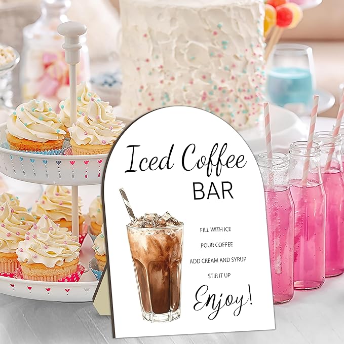 Iced Coffee Bar Wooden Table Sign, Iced Coffee Bar Sign for Baby Shower, Bride Shower Table Signs, Drinking Station Welcome Board, Caffeinated Drink Board for Baby Party, Bridal Party Drink Sign 8x10