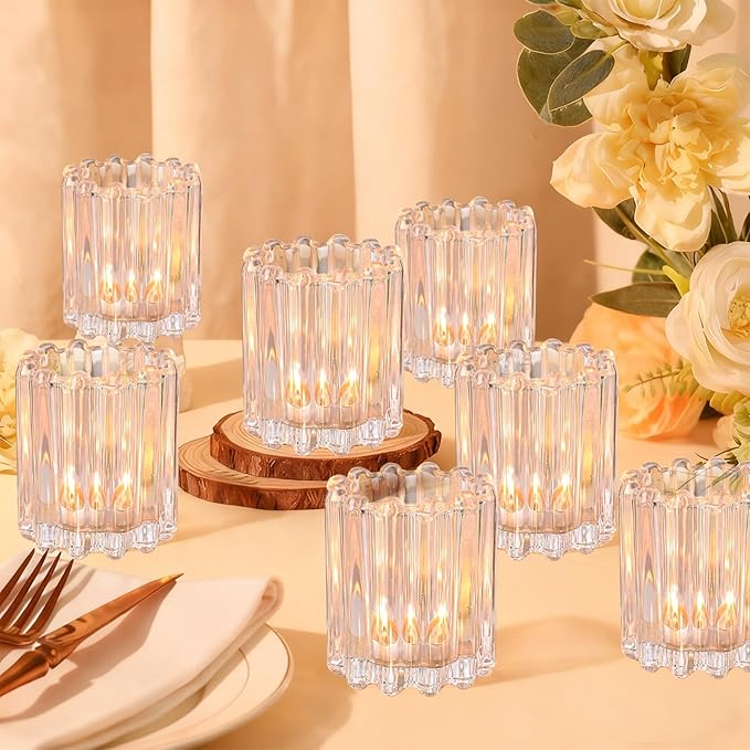 16 Pcs Glass Tealight Candle Holders Clear Votive Candle Holders Vintage Candle Holder for Table Centerpiece Wedding Baby Shower Christmas Dining Party Decor