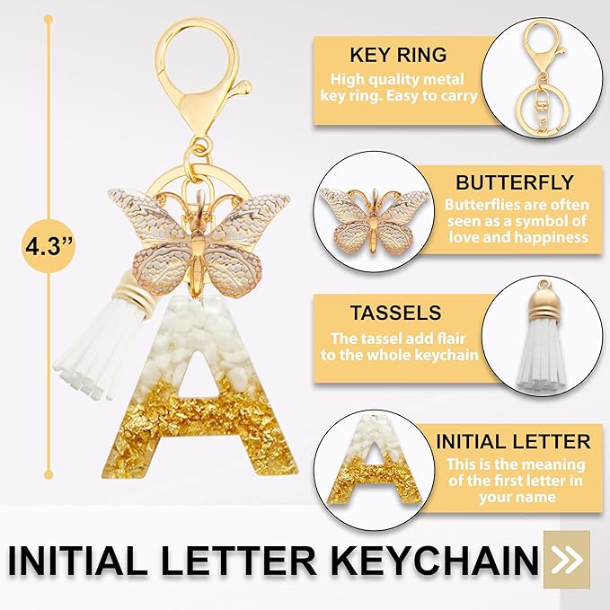 Initial Letter Keychain, Butterfly Keychain Cute Resin, Initial Keychain Backpack Charms, Key chain for Women, Girls