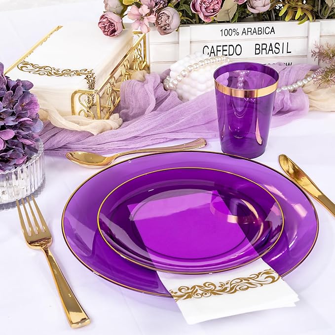 YOUBET 175PCS Purple Plastic Plates - Purple and Gold Disposable Plates Include 50 Plate, 75 Silverware, 25 Cups, 25 Napkins for Wedding & Party