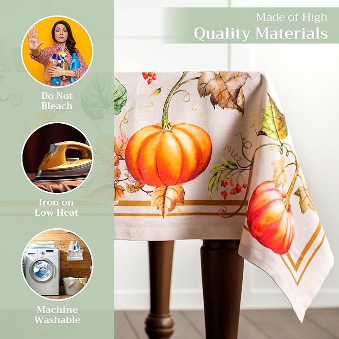 Maison d' Hermine Table Cloth Rectangle Table 100% Cotton 60 x 90 Inches Fall Tablecloth Reusable Everyday Use for Thanksgiving Christmas Decorations Dining Farmhouse Party (Potiron)