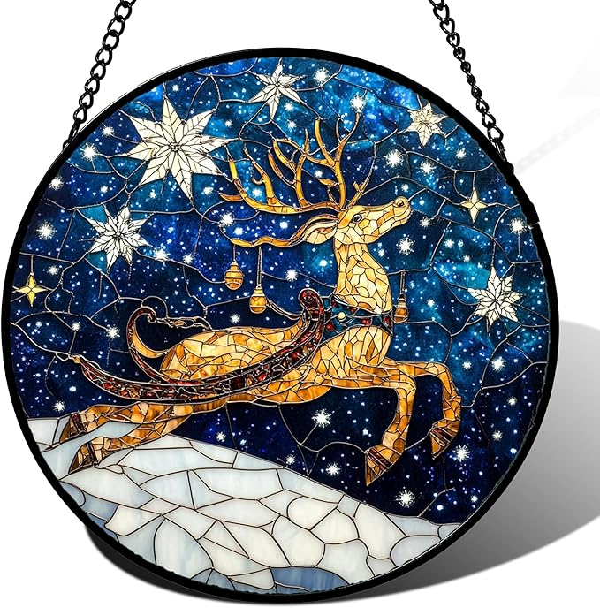 Stained Glass Window Hanging - Reindeer Blue Starry Sky Suncatcher for Doors Home Christmas Decoration Winter Sun Catcher Thanksgiving New Year Birthday Gifts for Women Men Mom Nana 11.8 in