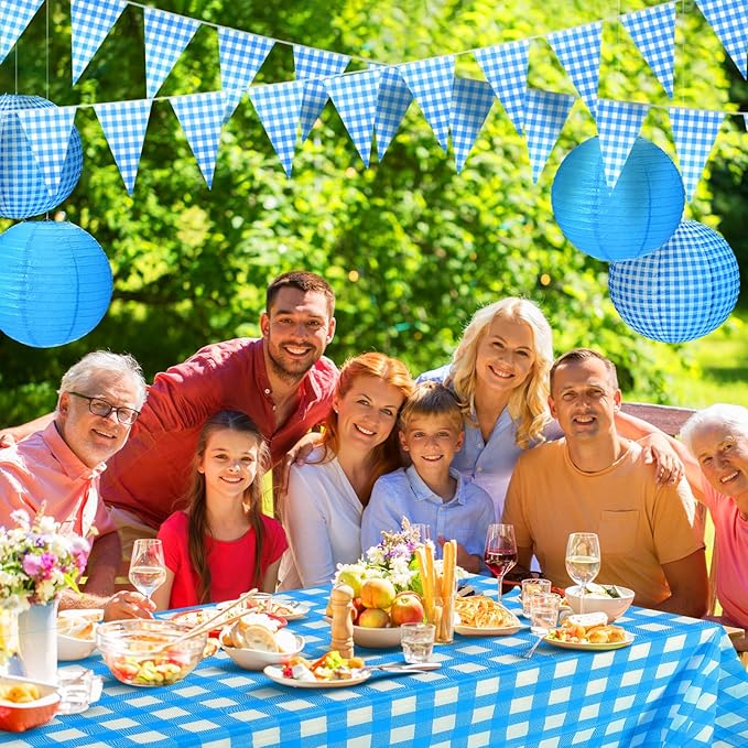 Hortsun 18 Pcs Blue and White Gingham Christmas Party Supplies Include Paper Lanterns Plastic Tablecloth Pennant Banner Paper Fans Christmas Picnic Decor for Holiday Party Home Dining Room