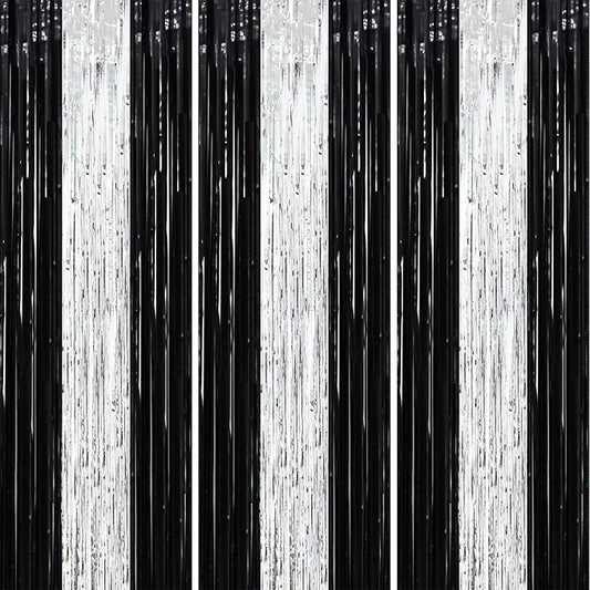 3 Pack 3.3 x 8.2 ft Black and Silver Foil Fringe Backdrop Curtains, Tinsel Streamers Party Decorations, Fringe Backdrop