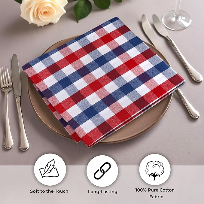 Urban Villa July 4th Cloth Napkins Red/Blue/White Dinner Napkins 100% Cotton (Set of 12) 20x20 Inches Buffalo Checks Highly Absorbent Soft Durable Reusable & Washable Table Dinner Napkins