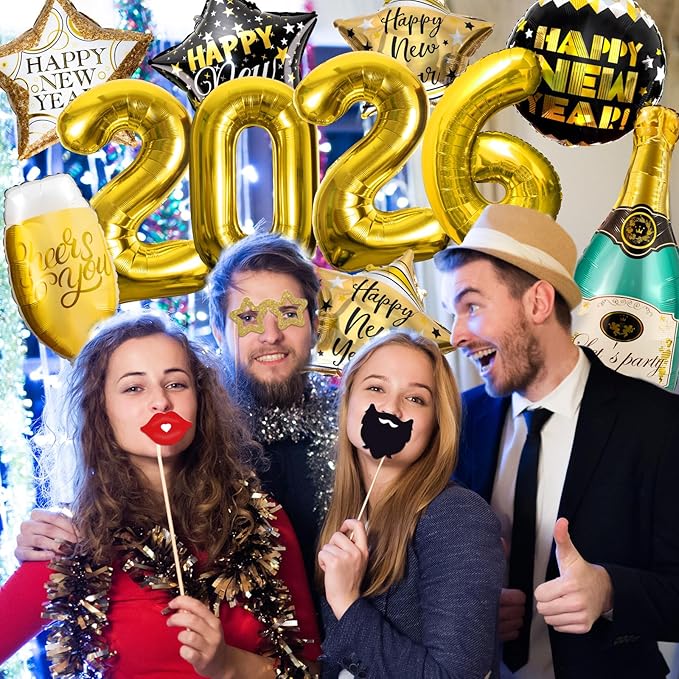 Happy New Years Eve Party Supplies 2026, 11 Pcs Foil Balloon New Years Decorations Set