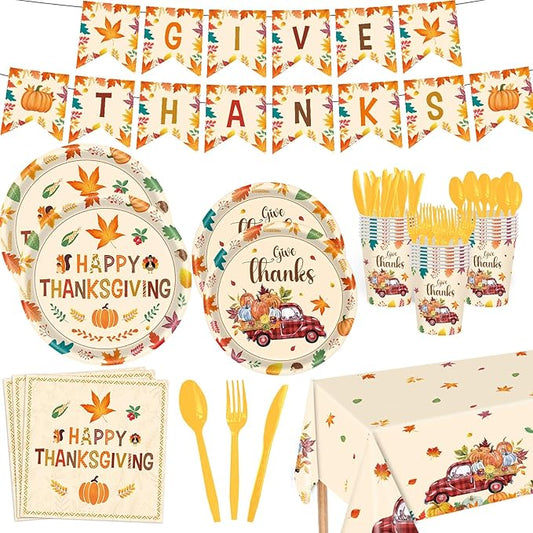 Fall Plates and Napkins Party Supplies, 142pcs Thanksgiving Party Decorations Happy Fall Maple Leaves Tableware Set for Fall Harvest Thanksgiving Birthday Party Decorations