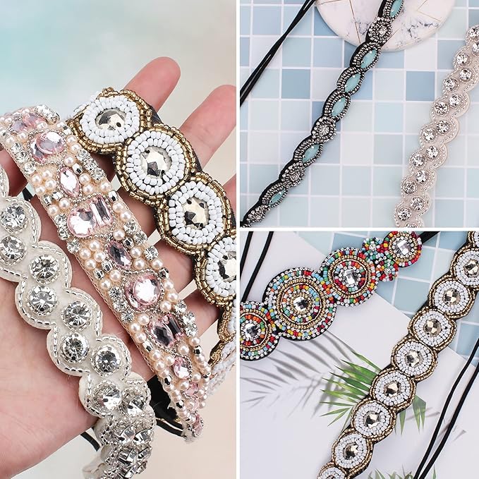 AMCAMI 5Pcs Rhinestone Beaded Headbands for Women Elastic Head Wraps Handmade Crystal Bling Hairbands for Girls Vintage Hair Accessories Party Daily Headwear (C)