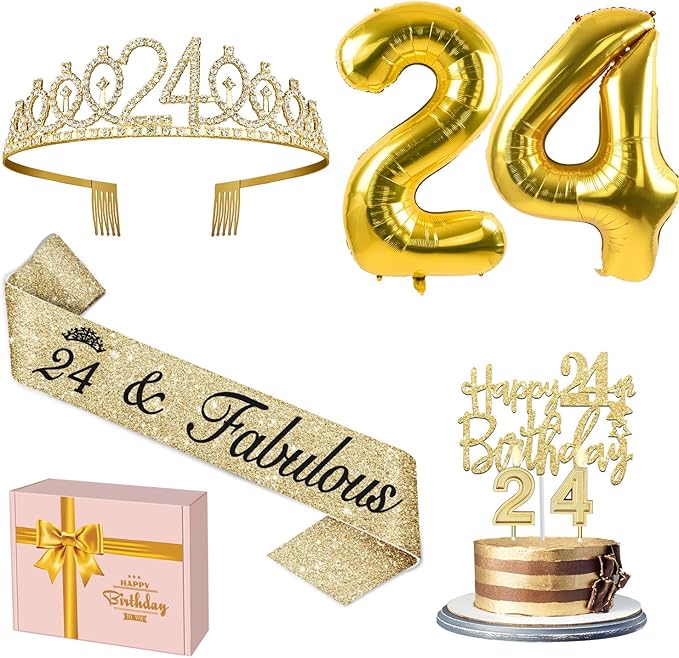 24th Birthday Decorations for Women Gold with 24th Birthday Sash and Tiara, Cake Topper and Candles, Number Balloons Gold, 24 Year Old Gifts for Women