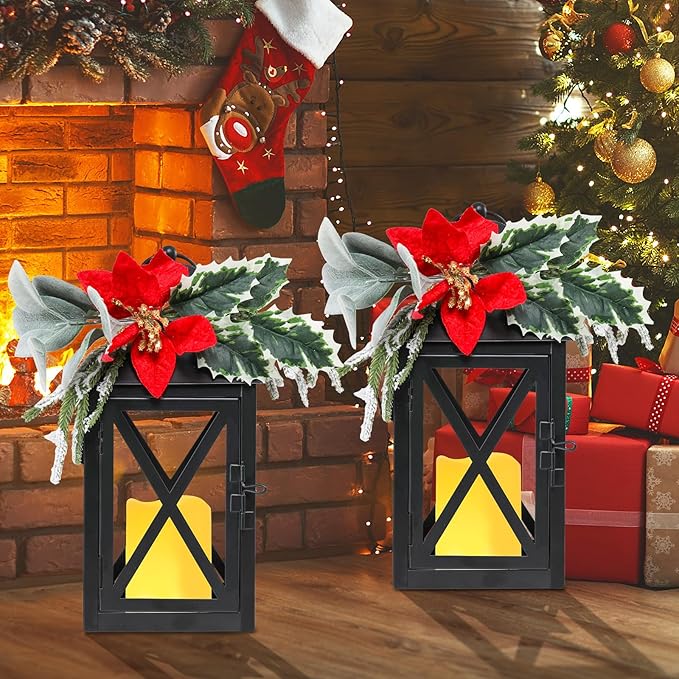 Christmas Lanterns Decorative Indoor, 2 Pack Christmas Lantern Outdoor, 12 Inch Decorative Candle Lanterns Flameless Light with Floral and Greenery for Table Centerpieces,Home, Porch Decor