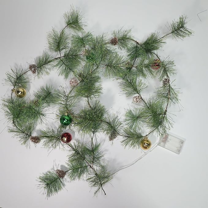 Christmas Garland Lights with Christmas Balls 6.56FT 30 LED Fairy Lights Battery Operated Smokey Pine Garlands with Pine Cones Greenery Garland Wreath for Xmas Tree Holiday Home Mantle Door Decoration