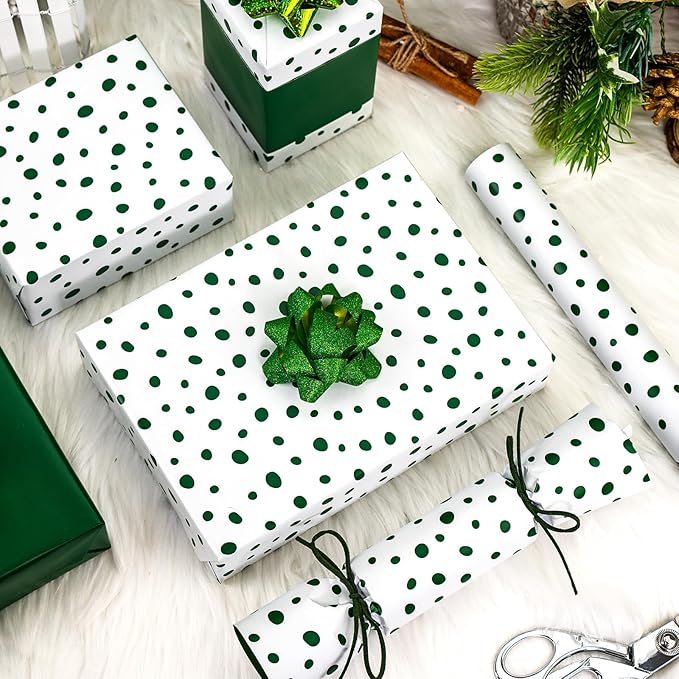 Burymento Green Lrregular Wave Point Wrapping Paper, Reversible Gold Gift Wrap for Birthday, Valentines, Mothers day, Graduation, Wedding, Fathers day, Baby Shower, Christmas (17in x 16.4ft)