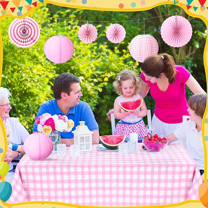 Hortsun 18 Pcs Pink and White Gingham Christmas Party Supplies Include Paper Lanterns Plastic Tablecloth Pennant Banner Paper Fans Christmas Picnic Decor for Holiday Party Home Dining Room