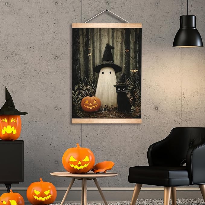 Rustic Halloween Ghost and Black Cat with Pumpkin Wall Art 18.5x14 Inch,Halloween Linen Canvas Wall Hanging Poster Decor, Retro Gothic Haunted House Theme Wall Poster for Living Room (BLK03)