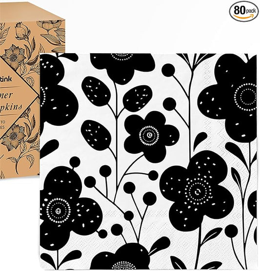 80 pack Designer Cocktail Beverage Napkins, 3-Ply 5x5-inches Disposable Decorative Fall Winter Guest Floral Black White Flower Napkin for Wedding Birthday Anniversary Party Baby Shower
