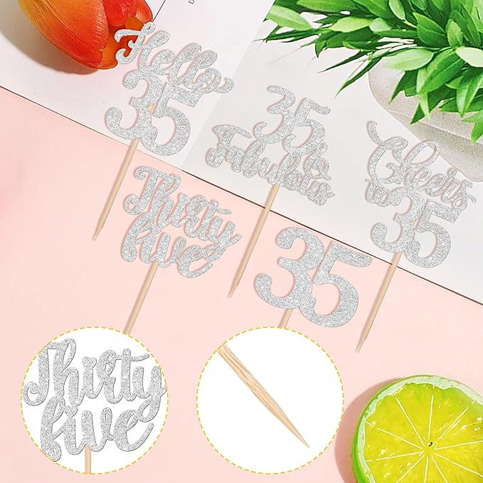 30PCS Happy 35th Birthday Cupcake Toppers Glitter Hello 35 Fabulous Thirty Five Cheers to 35 Years Old Birthday Cupcake Picks for Happy 35th Birthday Anniversary Party Cake Decor Supplies Silver