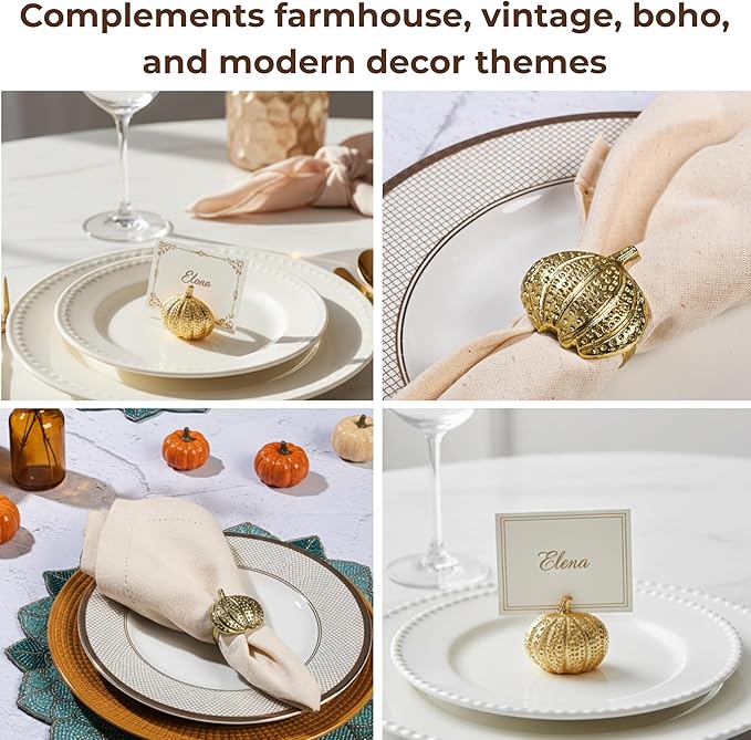 Napkin Rings Set of 12 - Pumpkin Elegant Napkin Holders Modern Serviette Buckles Metallic Adornment for Table Settings for Thanksgiving, Fall, Halloween & Holiday (Antique Gold) - CLEENTABLE