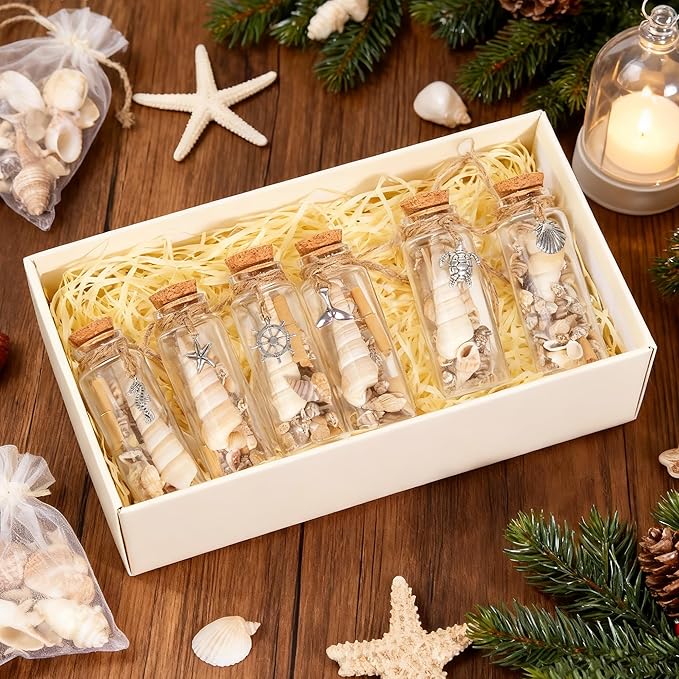 12Pcs Coastal Christmas Ornaments Set -Beach Shells Glass Bottles Keepsake with Mini Scrolls, for Home Christmas Tree Hanging Ornaments, Beachy Coastal Nautical Decor, Wedding Baby Shower Party Favors