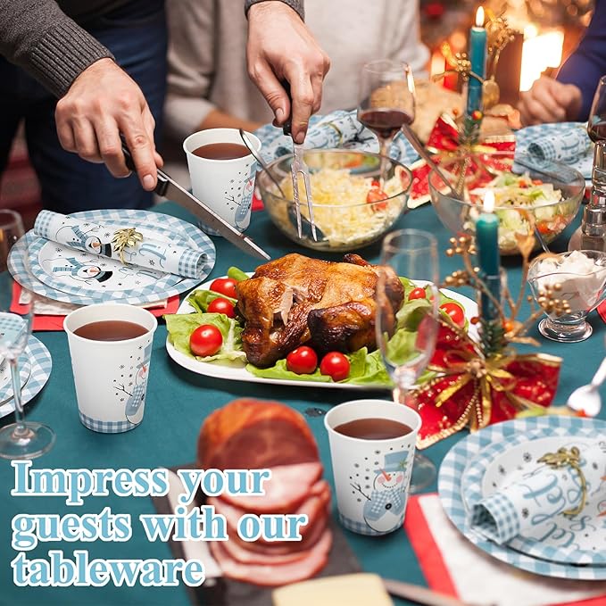250 Pcs Christmas Snowman Paper Plates and Napkins Party Supplies Blue White Buffalo Plaid Winter Disposable Tableware Set for Christmas Winter Holiday Xmas Party Decoration