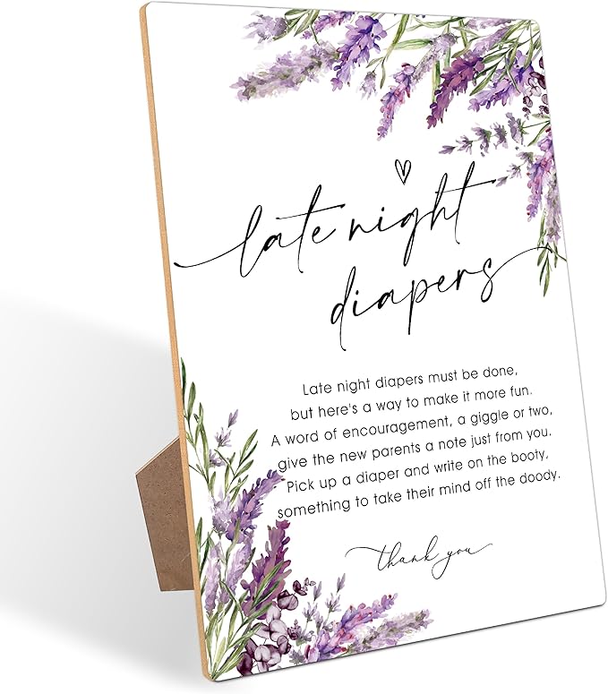 Late Night Diapers Sign, Lavender Diaper Party Decorations, Baby Shower Game, Gender Reveal Table Decor, Purple Floral Wooden Sign with Stand for Gender Reveal Party and Baby Shower Activities, 26