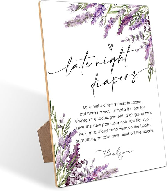 Late Night Diapers Sign, Lavender Diaper Party Decorations, Baby Shower Game, Gender Reveal Table Decor, Purple Floral Wooden Sign with Stand for Gender Reveal Party and Baby Shower Activities, 26