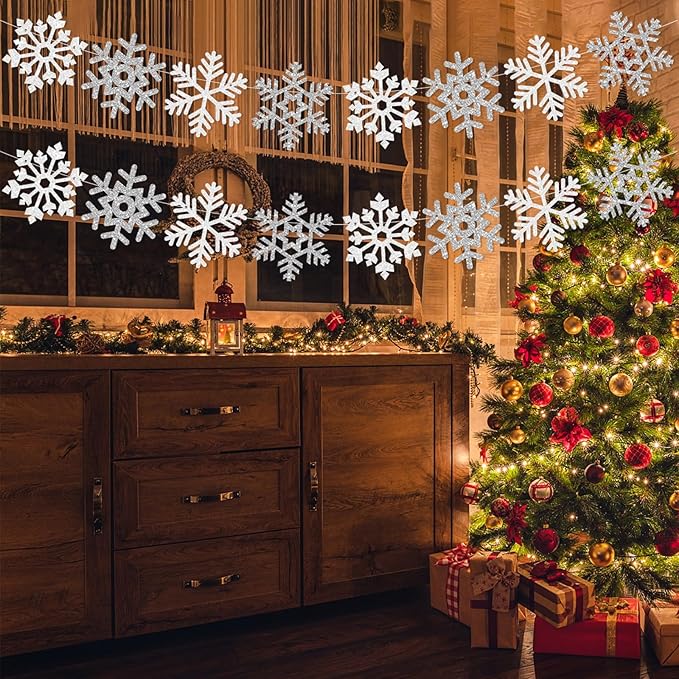 Snowflake-Snow White-Silver Christmas Party-Decoration Garland - 24PCS Frozen Winter Wonderland Ornaments Hanging Paper Streamers,New Years Birthday Holiday Classroom Ceiling Decor Burgleda
