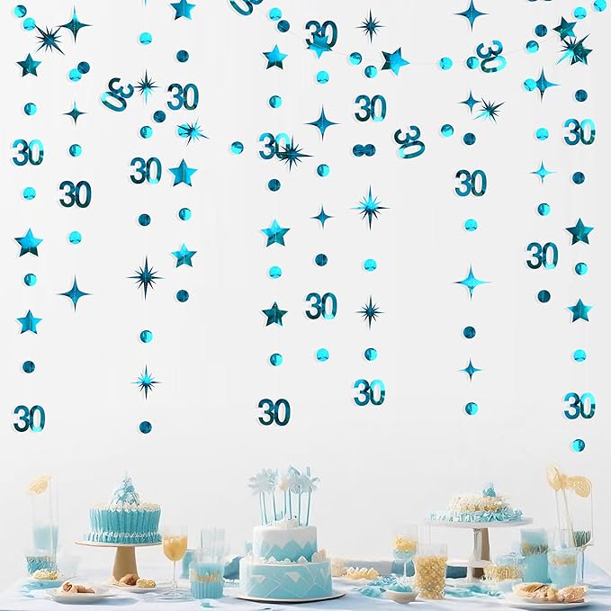 Aqua Blue 30th Birthday Decorations Number 30 Circle Dot Star Garland Metallic Hanging Streamer Bunting Banner Backdrop for Her Womens Dirty 30 Year Old Birthday Thirty Anniversary Party Supplies