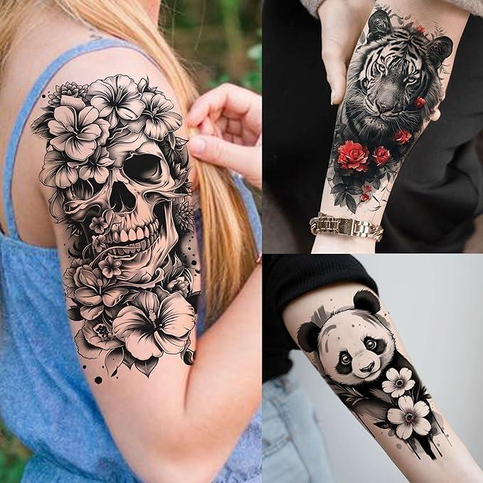 66 Sheets Snake Rose Flower Temporary Tattoos For Women Girls, Dragon Panda Florals Half Arm Sleeve Tattoo Sticker Dreamcatcher Floral, Skull Temp Butterfly Fake Tattoos For Adults Lion Tiger Leopard