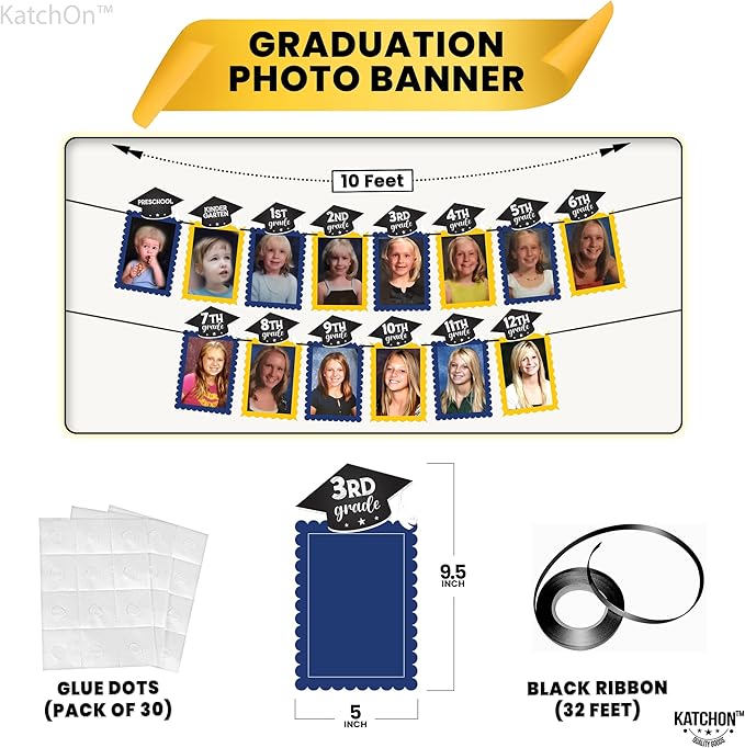 KatchOn, K-12 Graduation Photo Banner 5x7 - Large, 10 Feet | Kindergarten to 12th Grade for Junior/Middle, High/Senior Graduation Decorations 2025 | Yellow and Blue Grad Party Decorations 2025
