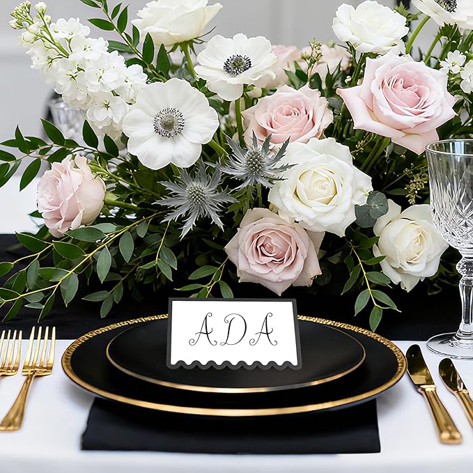 150 PCS Black Scalloped Place Cards 2 x 3.5 Inch Blank Tented Place Card Name Cardstock Seat Assignment Label Card Reserved Table Signs Seating Signs for Birthday Party Wedding Setting