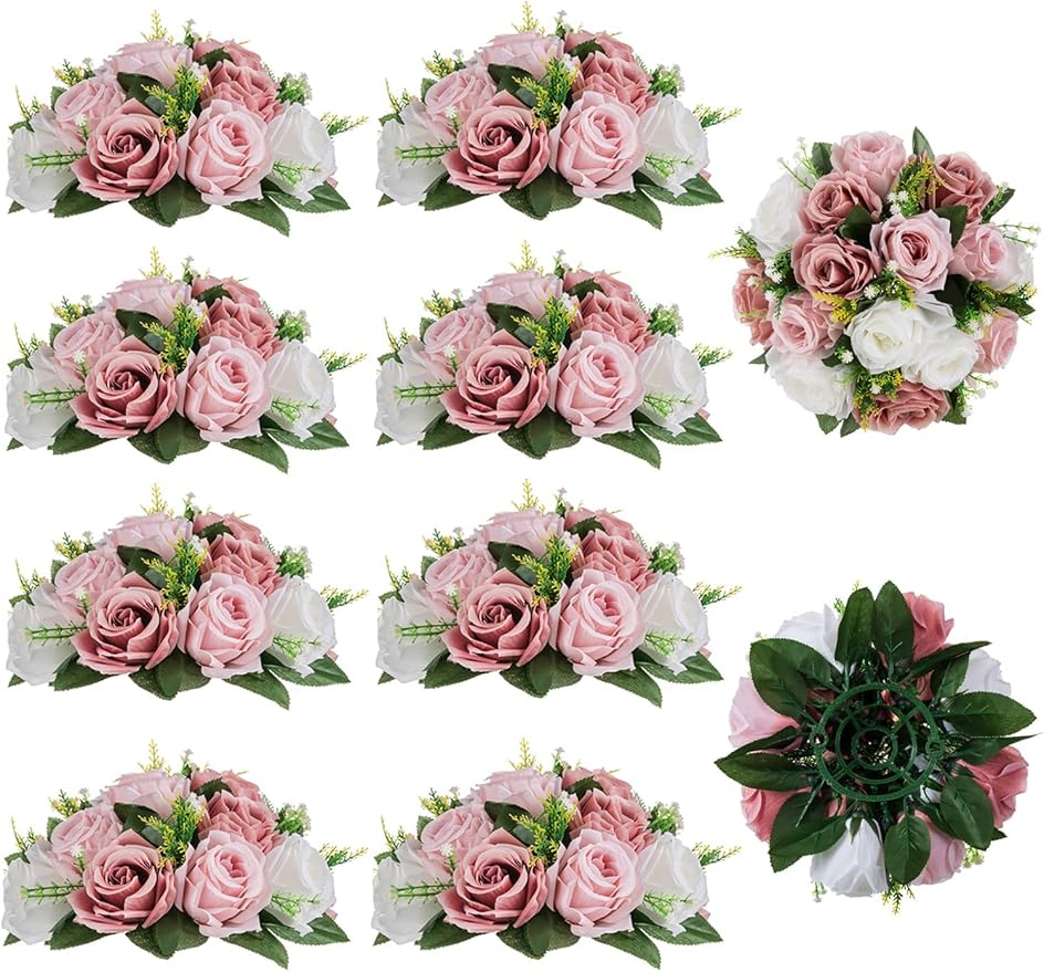 BLOSMON Dusty Rose Flowers Centerpieces: 10 Pieces Pink Roses Artificial Flower Balls for Wedding Dinning Table - Fake Silk Kissing Floral Arrangements for Home Party Event Decor