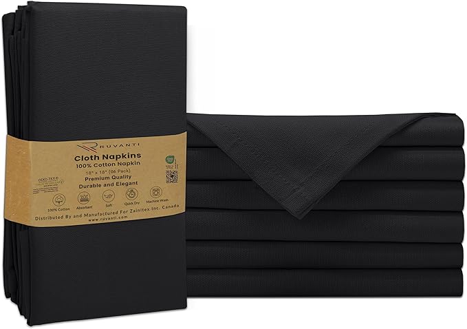 Ruvanti Premium Cloth Napkins Set of 6, 18x18 Inches, 100% Cotton, Washable, Soft & Absorbent, Perfect for Wedding, Christmas, ‎Thanksgiving Dinners - Black Beauty