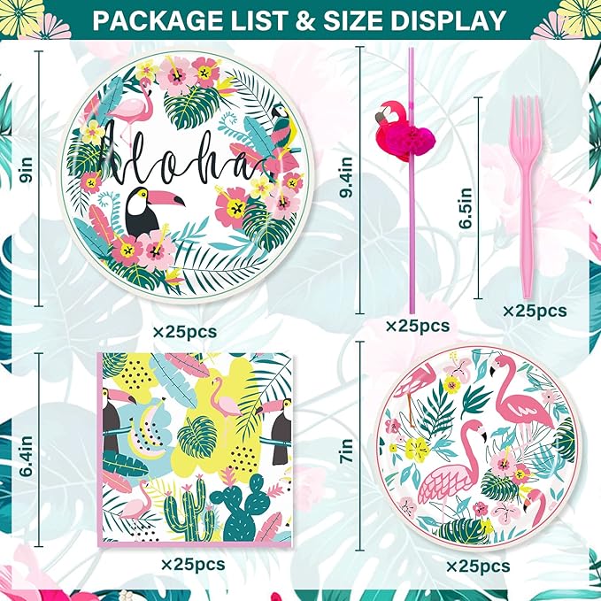 Hawaiian Luau Party Decorations Plates and Napkins Set - Flamingo Party Plates Napkins with Straws Forks Disposable Dinnerware Set for Hawaiian Luau Aloha Tropical Birthday Party Supplies , Serve 25